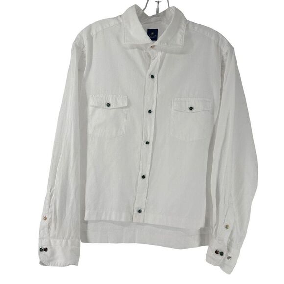 Giannetto Portofino Shirt Womens White Collared Snap Front Turquoise Detail L - Picture 1 of 8